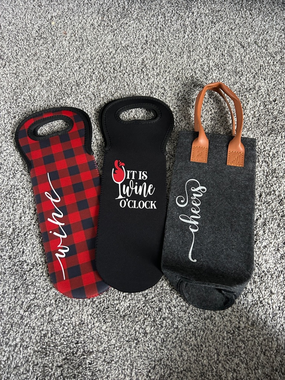 Set of 3 Wine Bottle Carriers - Buffalo Plaid, Black & Charcoal Felt